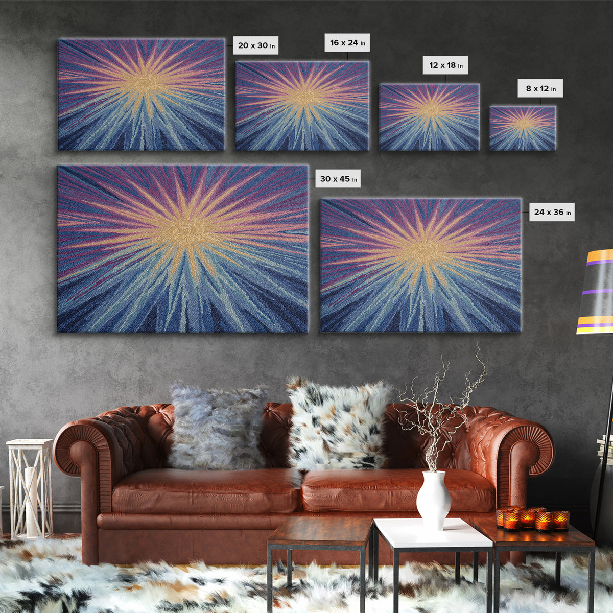 Blue Purple And Gold Radiant Sunburst Framed Canvas Print, Midcentury Modern Abstract Art, Textured Statement Wall Decor