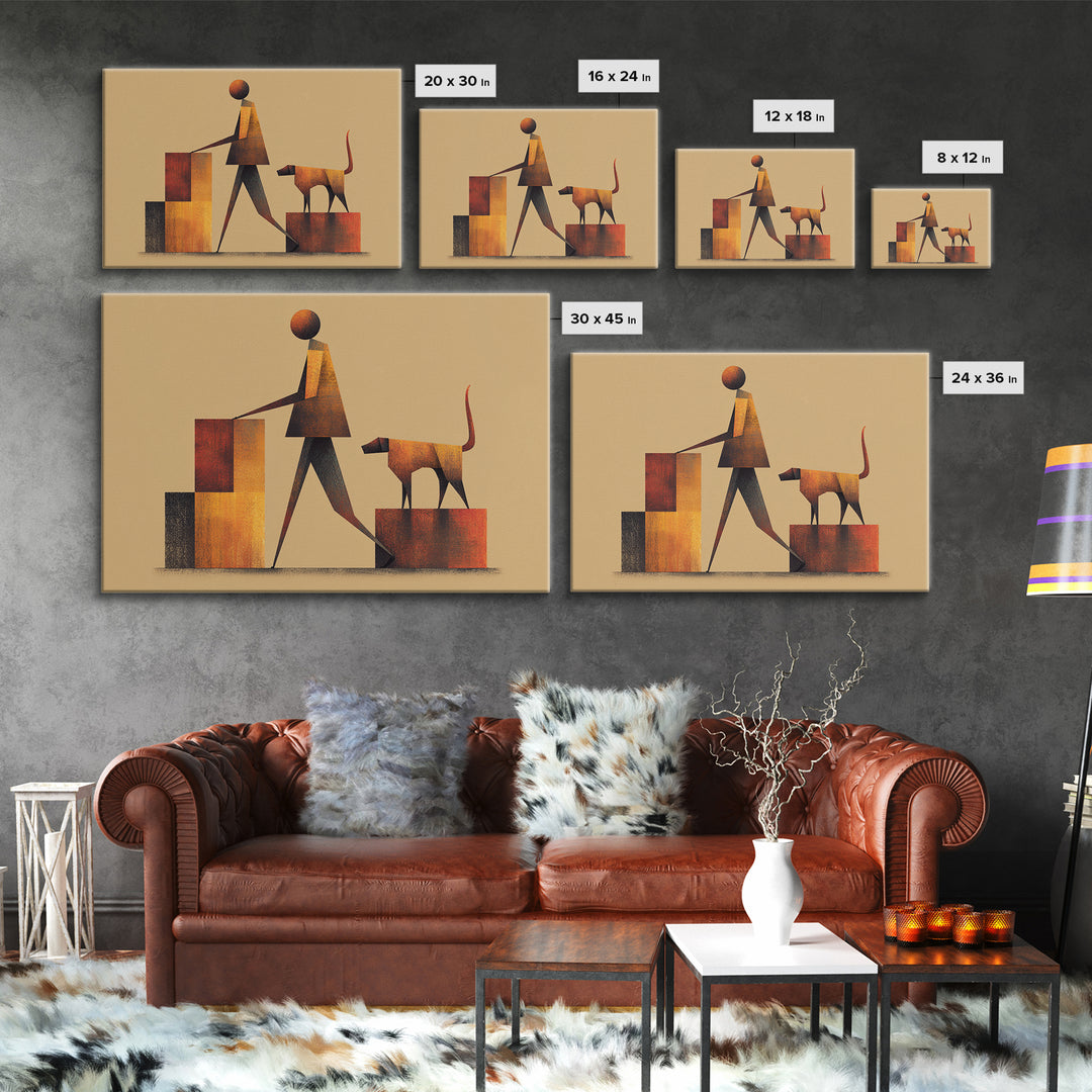 Stylized Figure With Dog On Steps Canvas Print, Midcentury Modern Wall Art, Warm Orange Brown Geometric Home Office Decor