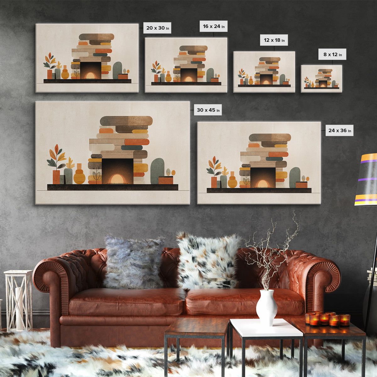Cozy Midcentury Fireplace Wall Art, Warm Geometric Hearth Canvas Print, Retro MCM Home Decor For Living Room And Office Decor