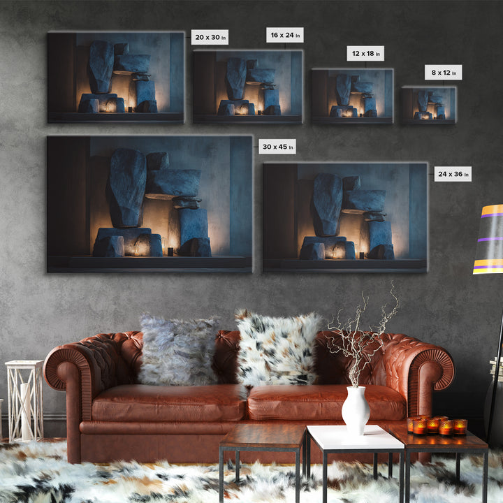 Blue Megalith Stone Sculpture Wall Art, Dramatic Modern Framed Canvas Print, Moody Minimalist Decor For Home Office Or Den