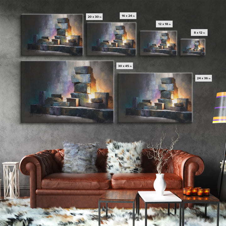 Stacked Stone Blocks Wall Art, Glowing Abstract Sculpture Canvas Print, Modern Contemporary Decor For Living Room Office