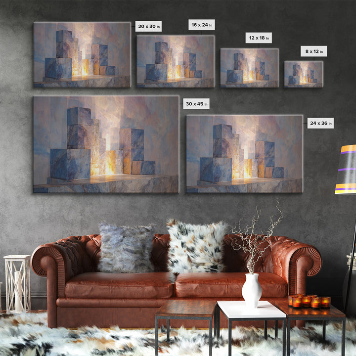 Pastel Marble Block City Wall Art, Luminous Geometric Framed Canvas Print, Modern Abstract Decor For Living Room Office Gallery