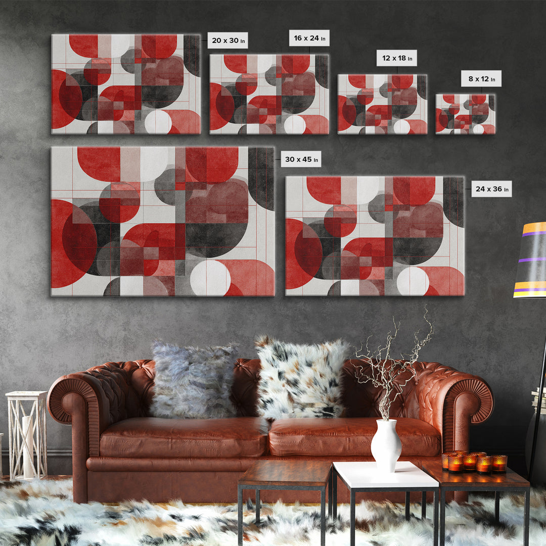 Red Black Geometric Circles Wall Art, Bauhaus Inspired Abstract Canvas Print, Modern MCM Decor For Living Room Office Gallery
