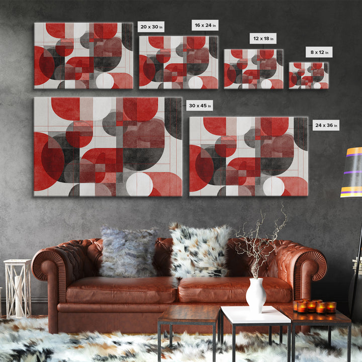 Red Black Geometric Circles Wall Art, Bauhaus Inspired Abstract Canvas Print, Modern MCM Decor For Living Room Office Gallery