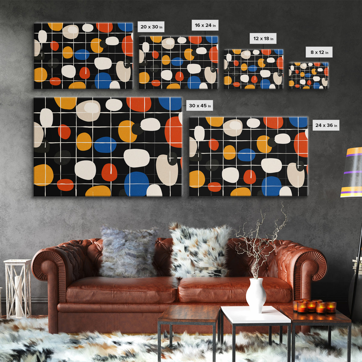 Atomic Oval Grid Wall Art, Orange Blue Midcentury Canvas Print, Retro Modern Geometric Decor For Kitchen Or Office Gallery Wall