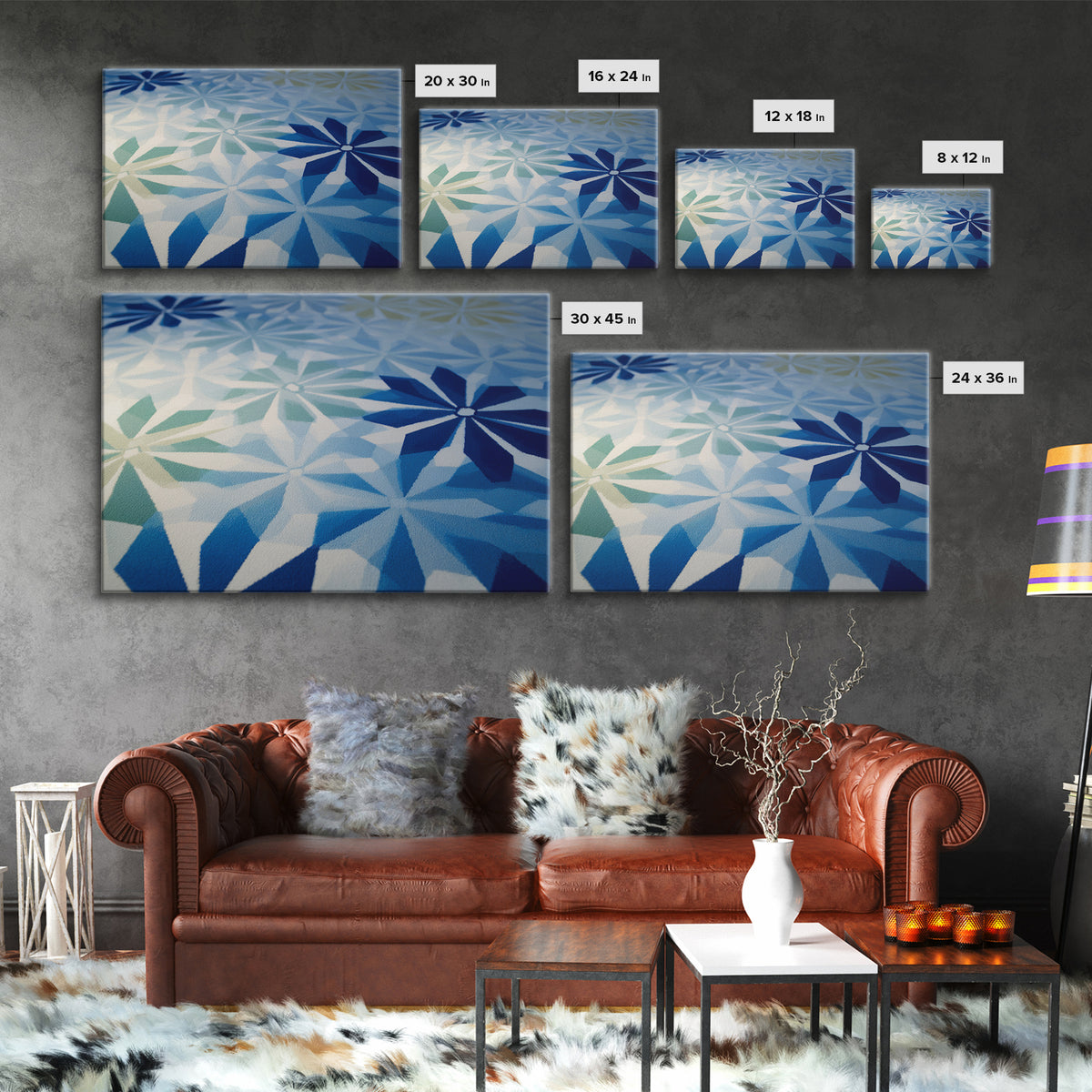 Blue Geometric Floral Pattern Wall Art, Scandinavian Modern Abstract Print, Coastal Bedroom Decor, Minimalist Home Office Art