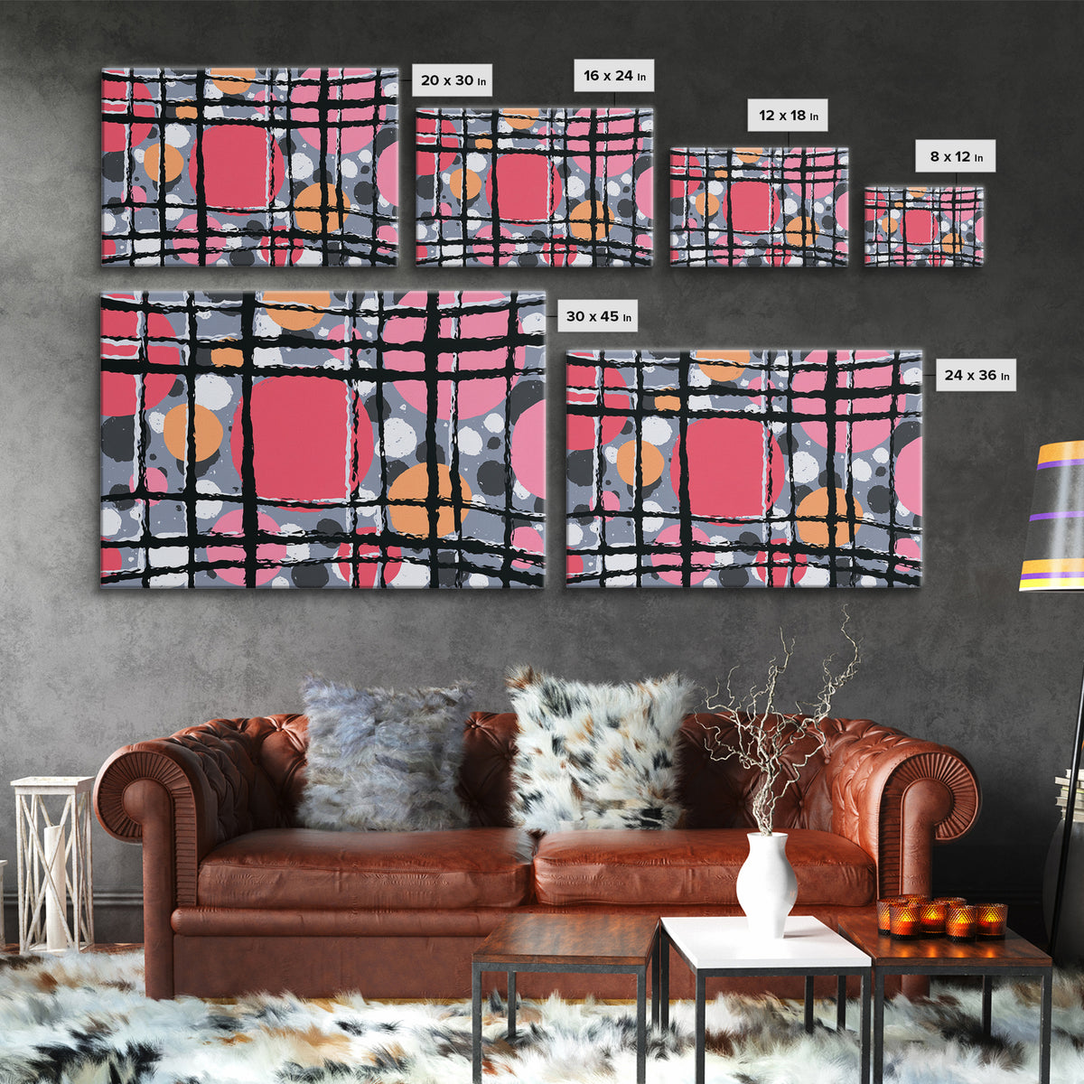 Pink Orange Wavy Grid Wall Art, Playful Abstract Circles Canvas Print, Retro Modern Geometric Decor For Dorm Office Or Studio