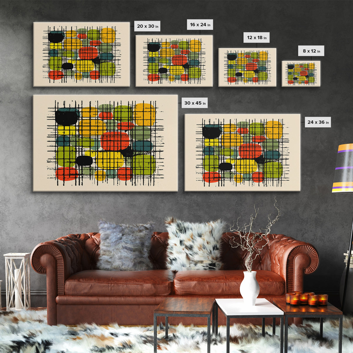 Colorful Grid Abstract Painting, Midcentury Modern Wall Art, Geometric Shapes Poster, Retro MCM Home Decor Canvas Print Gift