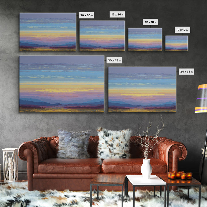 Pastel Mountain Sunset Landscape, Modern Wall Art, Scenic Nature Art Print, Serene Living Room Decor Framed Canvas Print