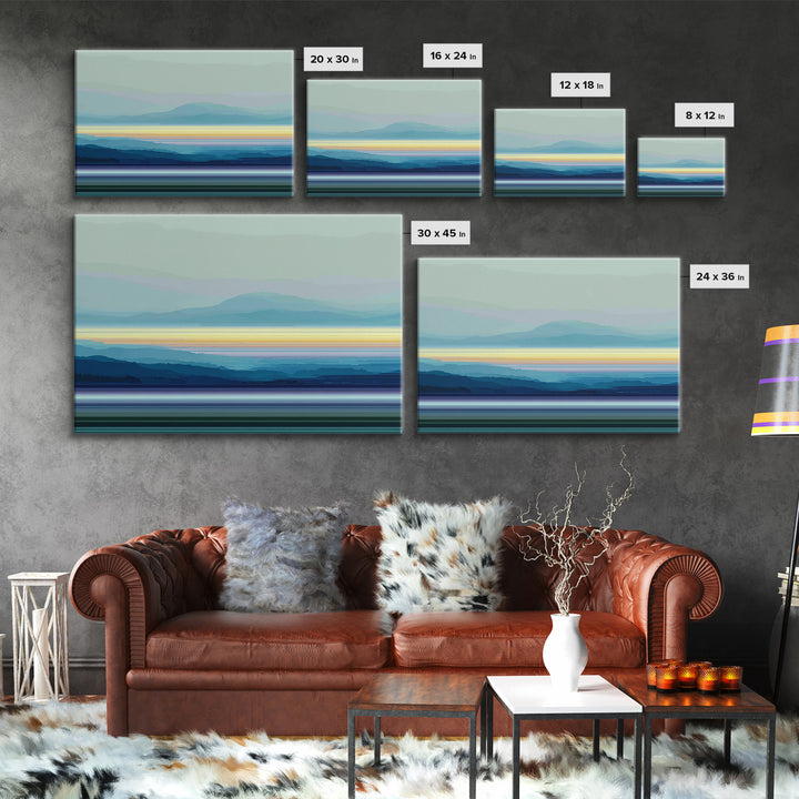Misty Blue Mountain Lake Horizon, Modern Wall Art, Serene Landscape Art Print, Calm Bedroom Decor Framed Canvas Print Gift