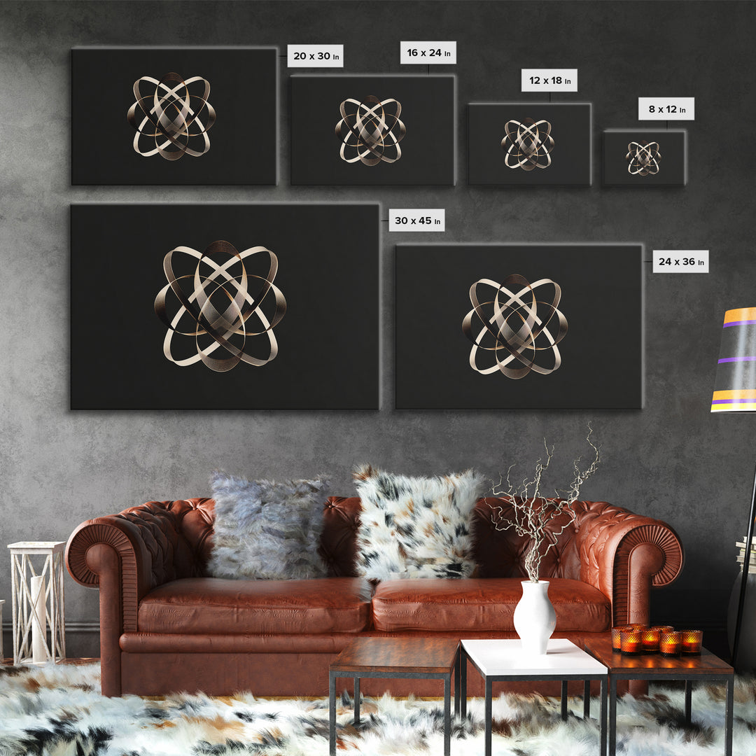Gold Metallic Atomic Orbit On Black, Modern Wall Art, Geometric Abstract Poster, Luxe Contemporary Decor Canvas Print Gift