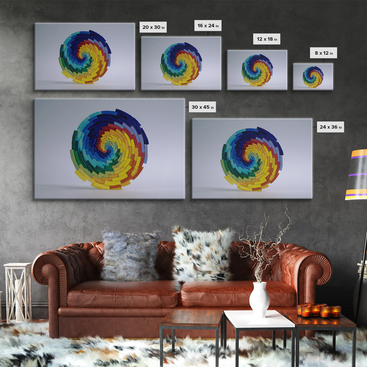 Rainbow Spiral Modern Sculpture Canvas Print, Midcentury Modern Geometric Wall Art, Colorful MCM Statement Piece Decor Gift