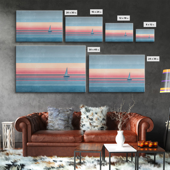 Pastel Sailboat Horizon Canvas Print, Coastal Wall Art, Minimalist Seascape, Retro Modern Decor For Beach House, Living Room Art