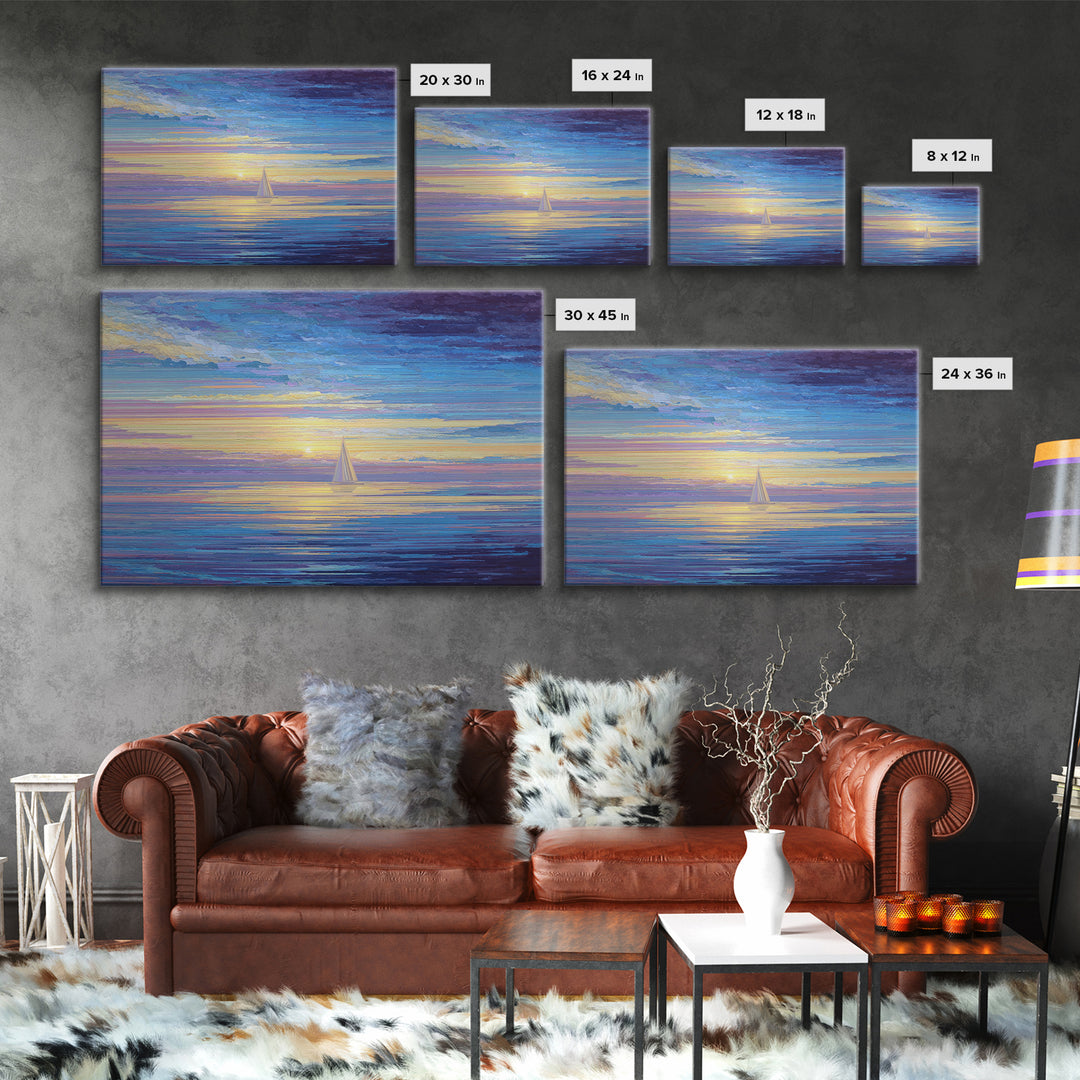 Sunset Sailboat Ocean Framed Canvas Print, Colorful Seascape Wall Art, Coastal Modern Decor, Blue Purple Living Room Art