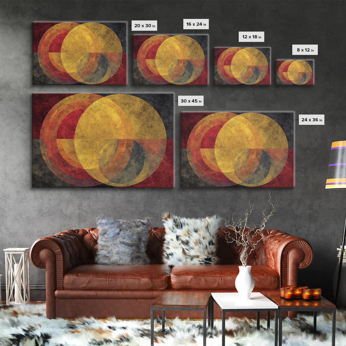Red Gold Circle Abstract Wall Art, Midcentury Modern Canvas Print, Bauhaus Geometric Decor, Retro Home Office Statement Art