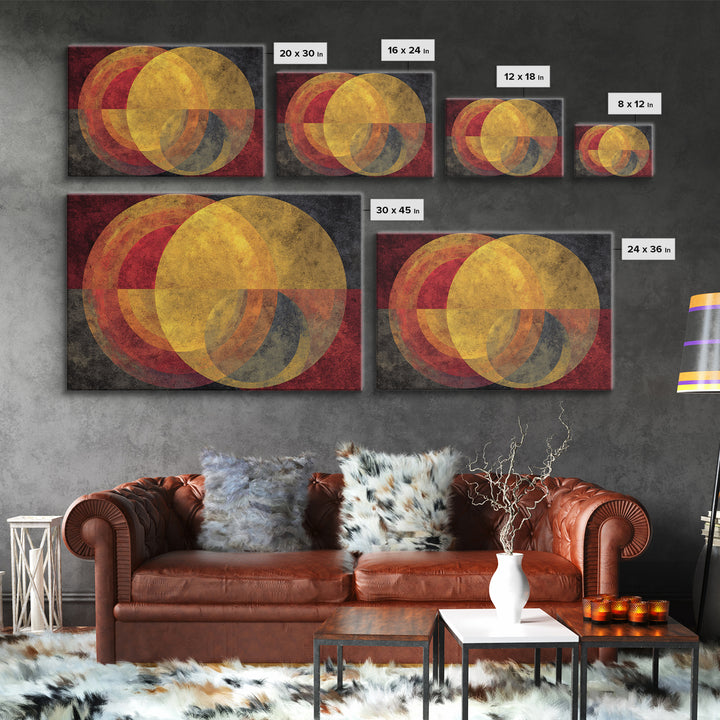 Red Gold Circle Abstract Wall Art, Midcentury Modern Canvas Print, Bauhaus Geometric Decor, Retro Home Office Statement Art