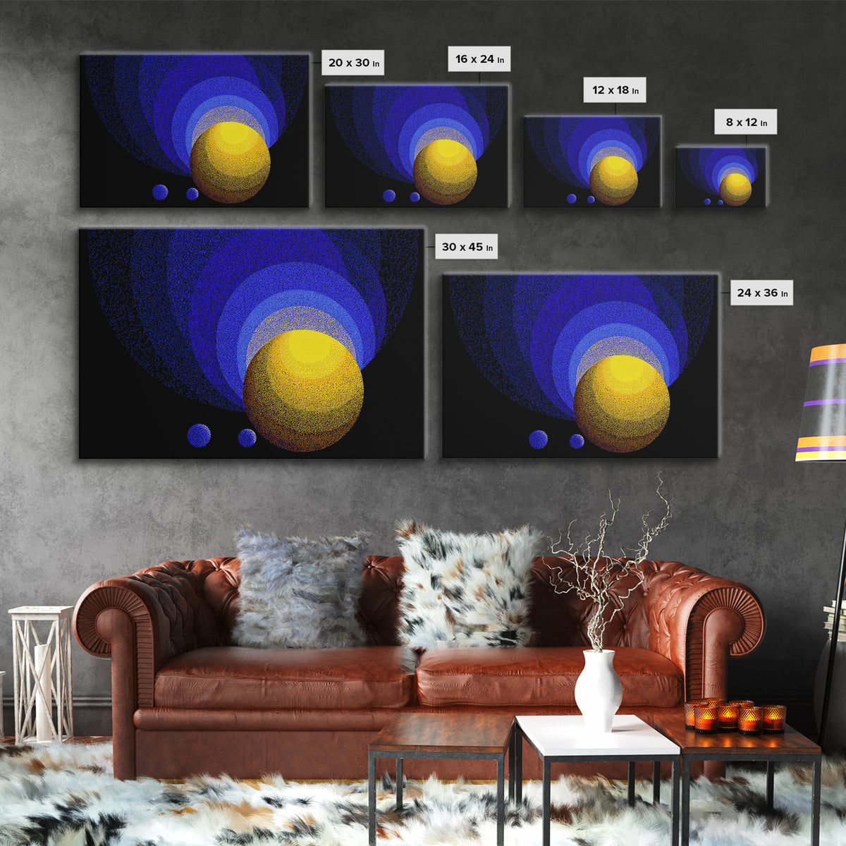 Blue Yellow Planet Spheres Wall Art, Cosmic Abstract Canvas Print, Modern Digital Art, Space Decor For Office Or Game Room