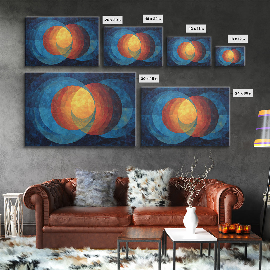 Blue Orange Overlapping Circles Wall Art, Midcentury Abstract Canvas Print, Modern Geometric Decor, Large Living Room Art
