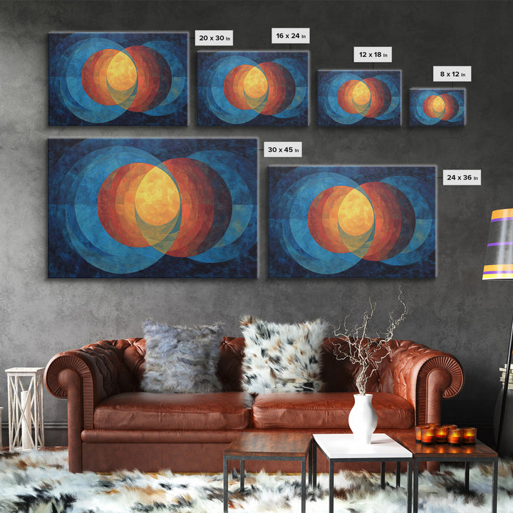 Blue Orange Overlapping Circles Wall Art, Midcentury Abstract Canvas Print, Modern Geometric Decor, Large Living Room Art