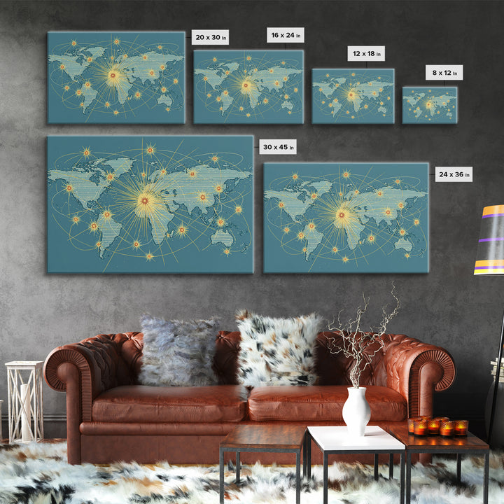Retro World Map With Golden Network Lines Wall Art, Midcentury Modern Travel Poster, Atomic Office Decor For Global Home