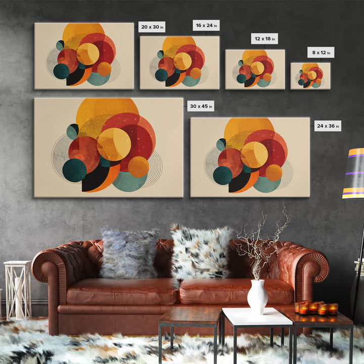 Orange Teal Circle Abstract Canvas Print, Midcentury Modern Wall Art, Bauhaus Geometric Poster, Warm Retro Home Decor Gift