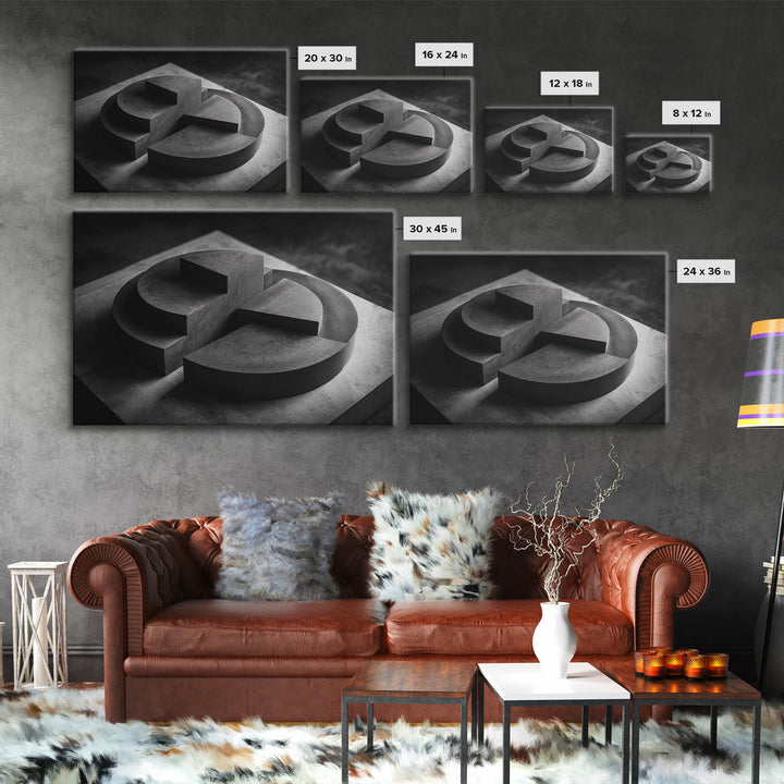 Black And White Concrete Circle Sculpture Canvas Print, Modern Abstract Art, Minimalist Wall Art, Masculine Office Wall Decor