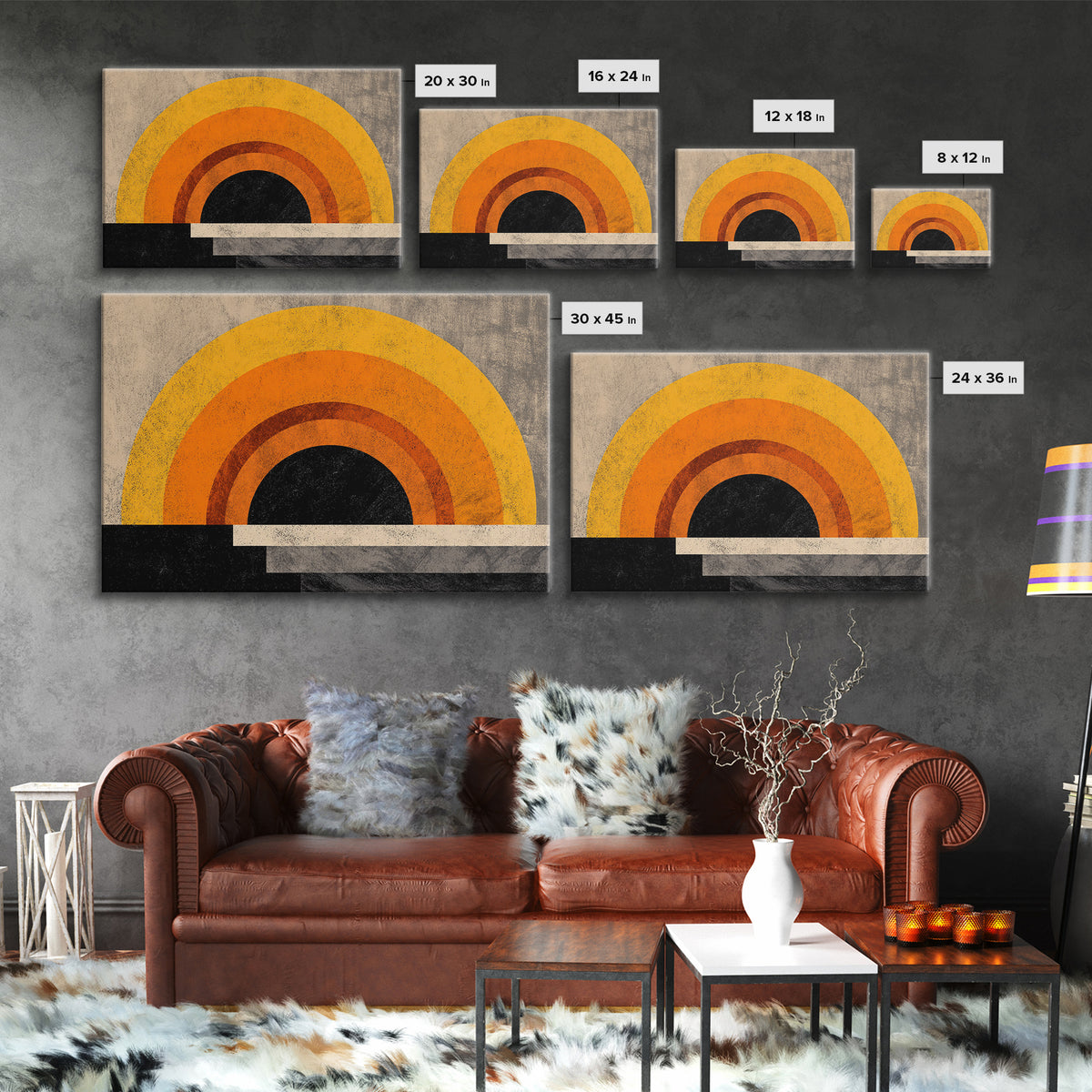 Orange Sun Rainbow Horizon Framed Canvas Print, Midcentury Sun Wall Art, Retro 70s Poster, Warm Modern Boho Living Room Home Decor