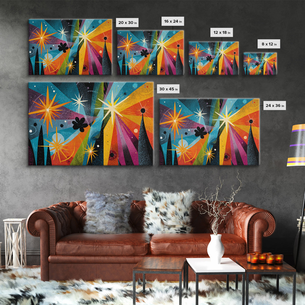 Colorful Atomic Starburst Night Wall Art, Midcentury Modern Art Print, Retro Space Abstract, Funky MCM Living Room Wall Decor
