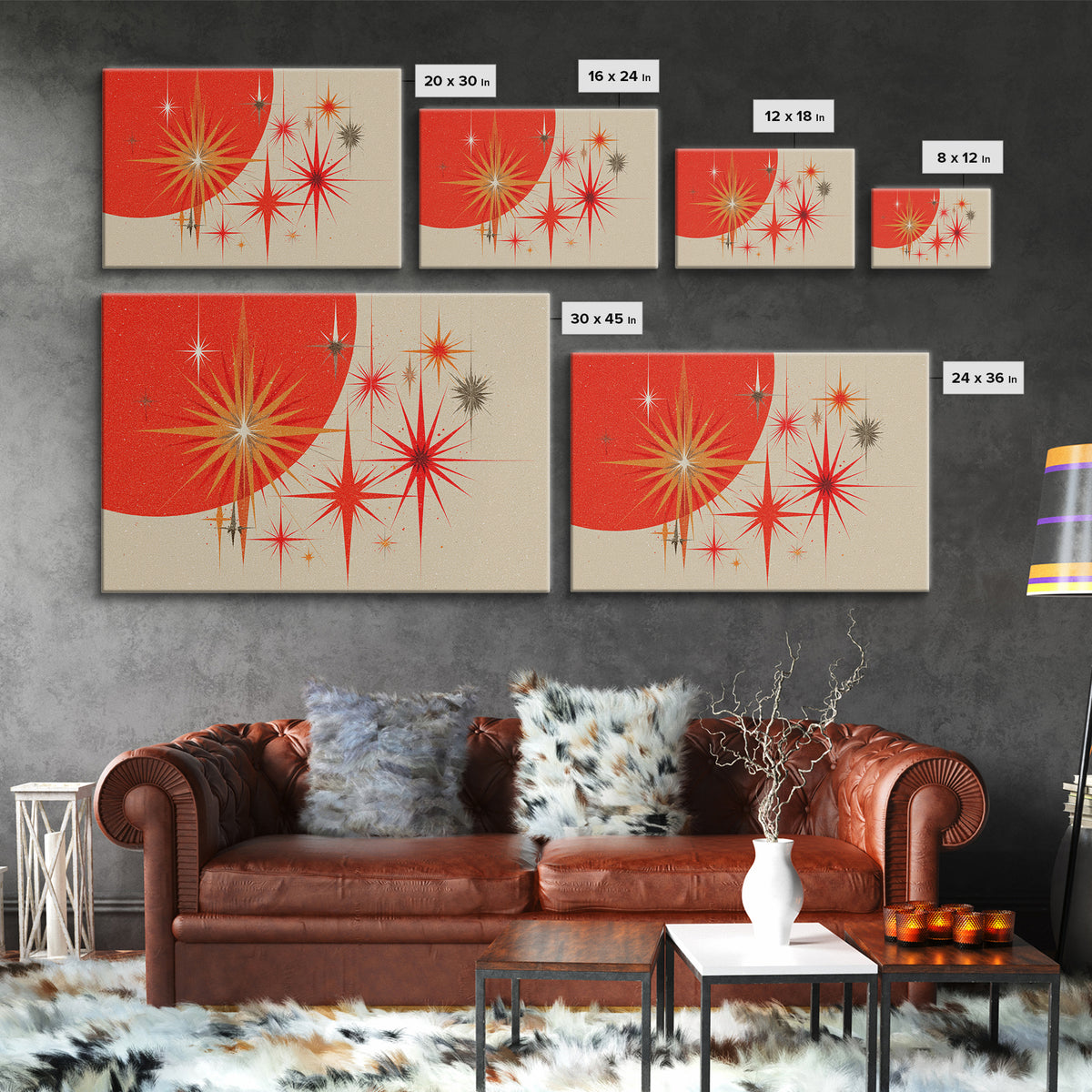 Red Orange Starbursts And Circle Wall Art, Midcentury Modern Abstract Art Print, Atomic Retro Poster, Minimal Home Decor