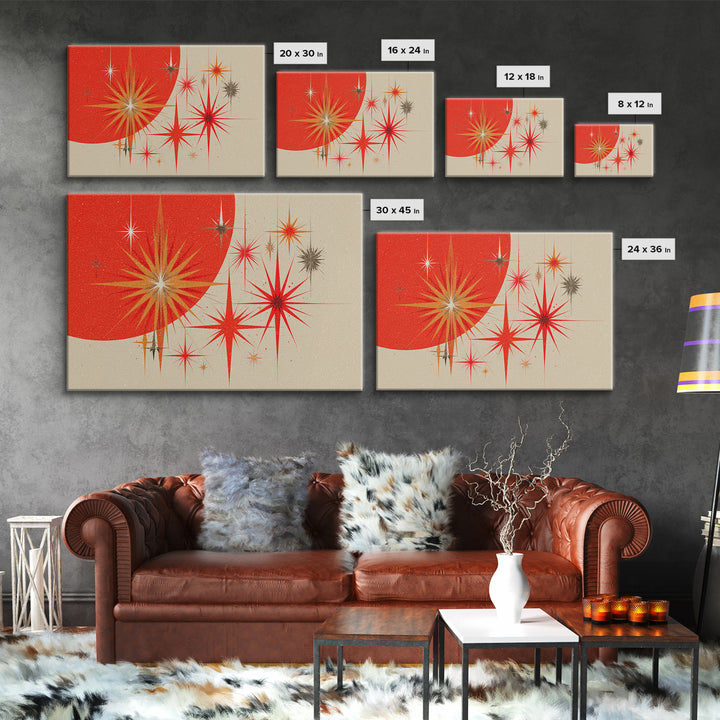 Red Orange Starbursts And Circle Wall Art, Midcentury Modern Abstract Art Print, Atomic Retro Poster, Minimal Home Decor