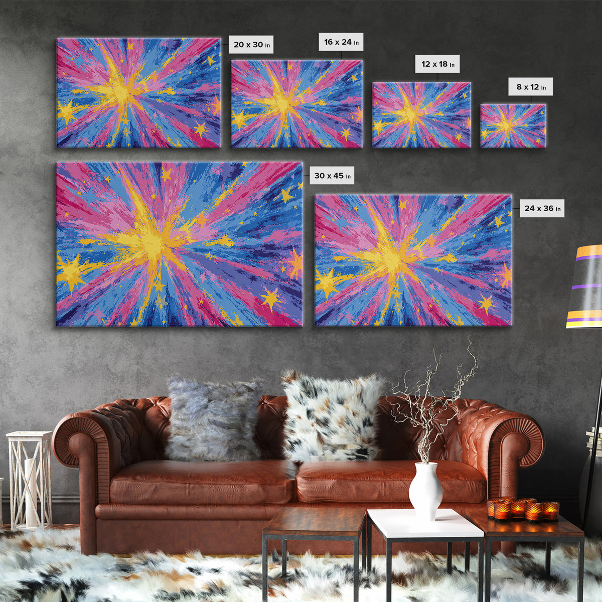 Pink Blue Yellow Star Explosion Canvas Print, Colorful Modern Wall Art, Retro Abstract Poster, Bright Kids Room Nursery Decor