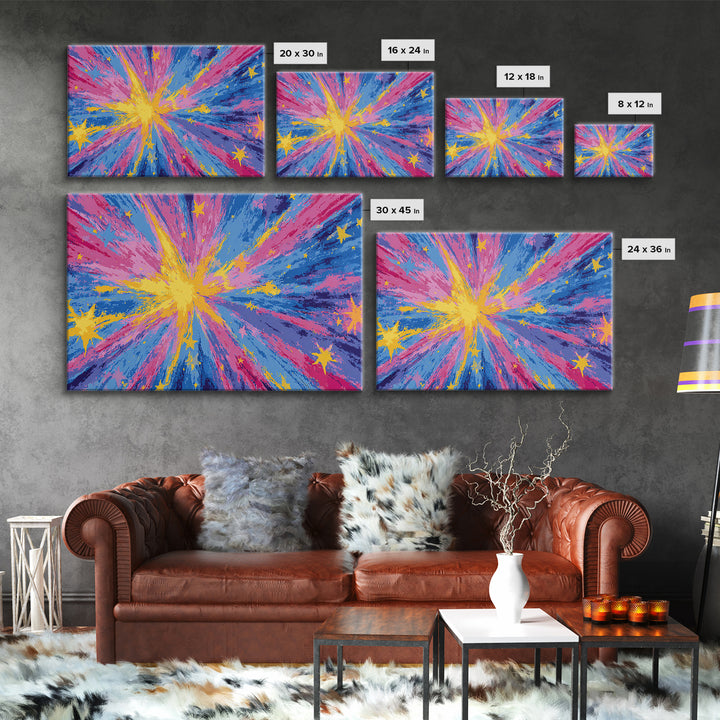 Pink Blue Yellow Star Explosion Canvas Print, Colorful Modern Wall Art, Retro Abstract Poster, Bright Kids Room Nursery Decor