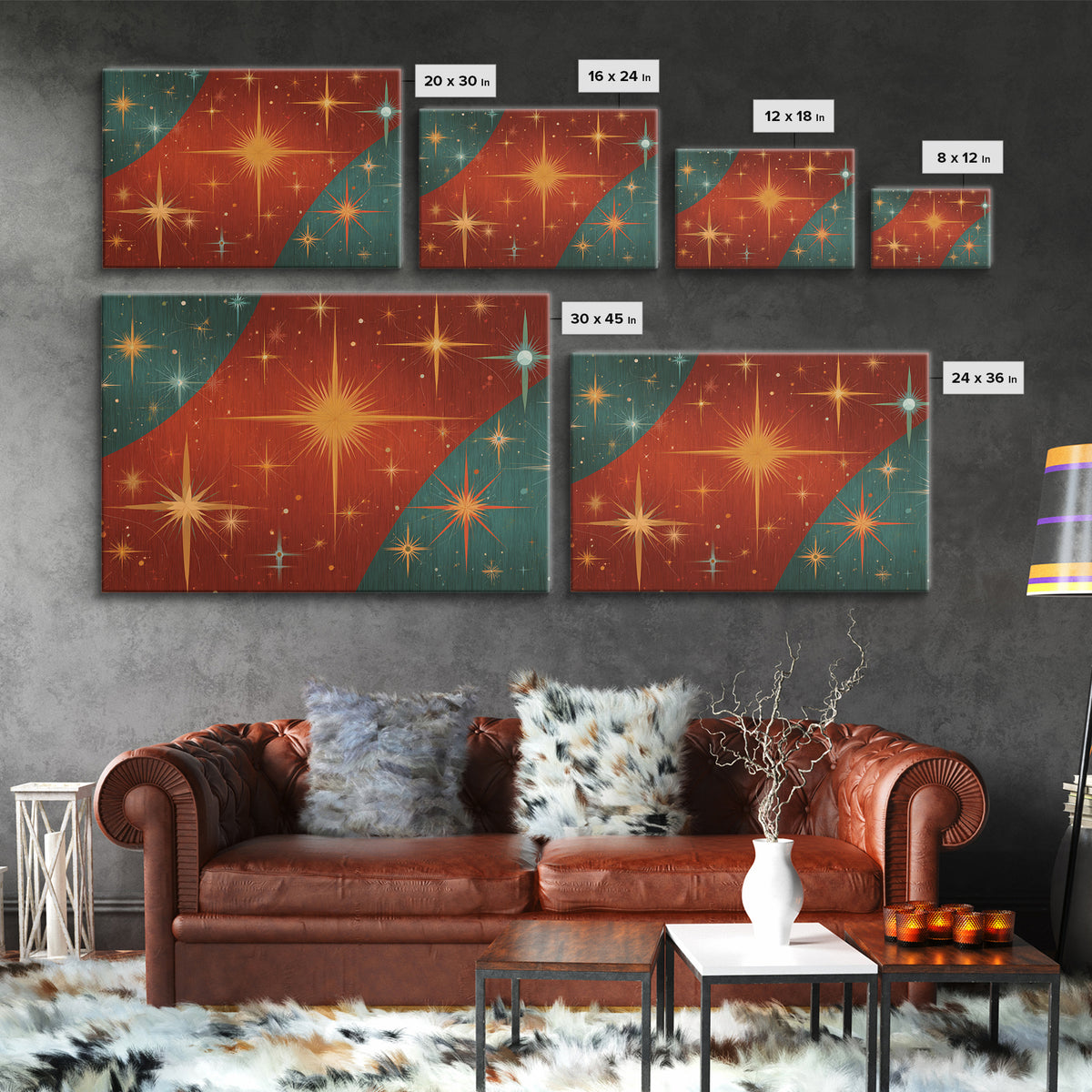 Red Teal Atomic Starburst Wall Art, Midcentury Modern Art Print, Retro Space Abstract, Warm MCM Living Room Statement Home Decor