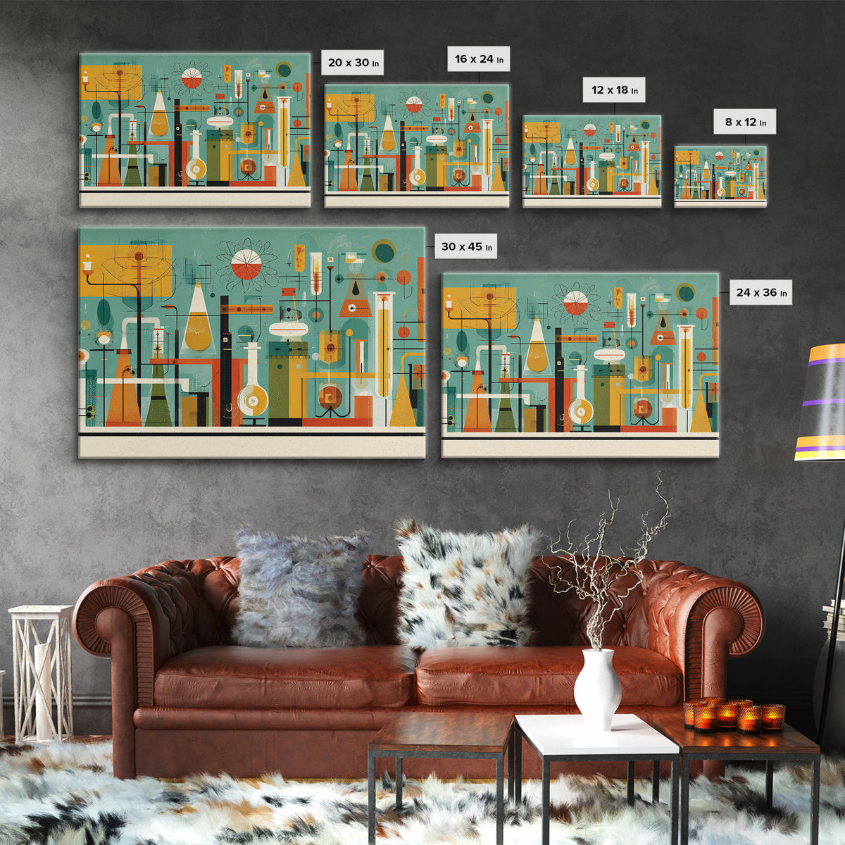 Retro Chemistry Lab With Beakers Wall Art, Midcentury Modern Science Print, Atomic Decor, Teal Orange Laboratory Artwork