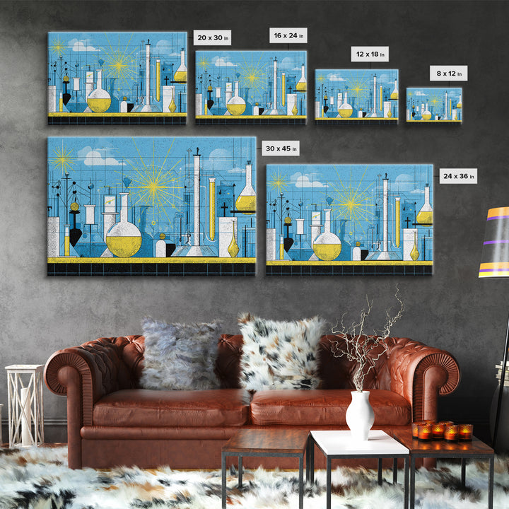 Blue Atomic Science Lab Canvas Print, Midcentury Modern Art, Yellow Sunburst Chemistry Decor, Retro Laboratory Wall Decor
