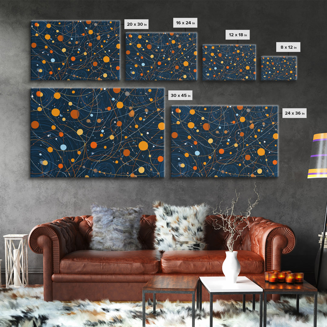 Dark Blue Orange Orbital Wall Art, Midcentury Modern Atomic Abstract Print, Cosmic Geometric Decor, MCM Retro Space Poster