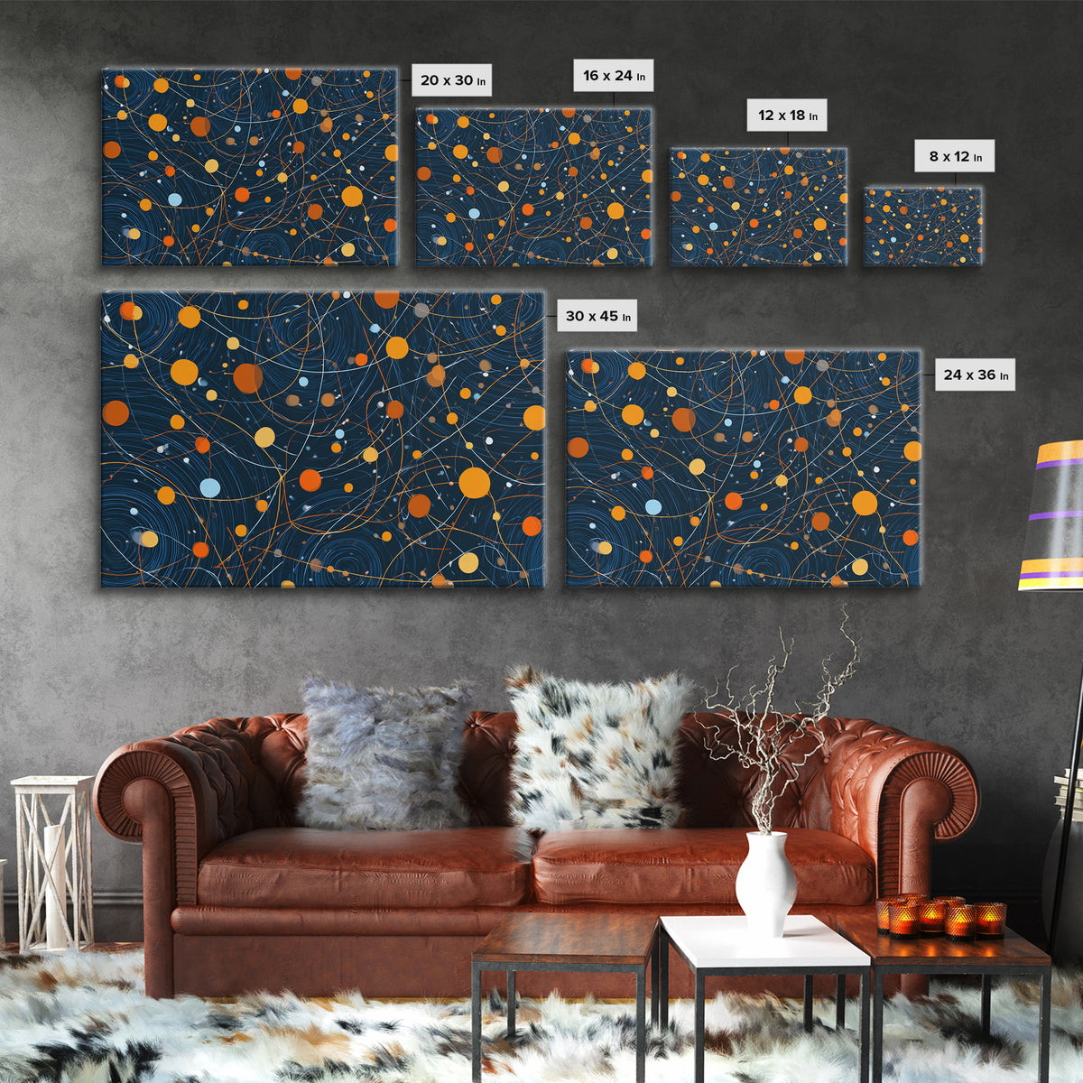 Dark Blue Orange Orbital Wall Art, Midcentury Modern Atomic Abstract Print, Cosmic Geometric Decor, MCM Retro Space Poster