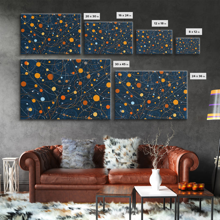 Dark Blue Orange Orbital Wall Art, Midcentury Modern Atomic Abstract Print, Cosmic Geometric Decor, MCM Retro Space Poster