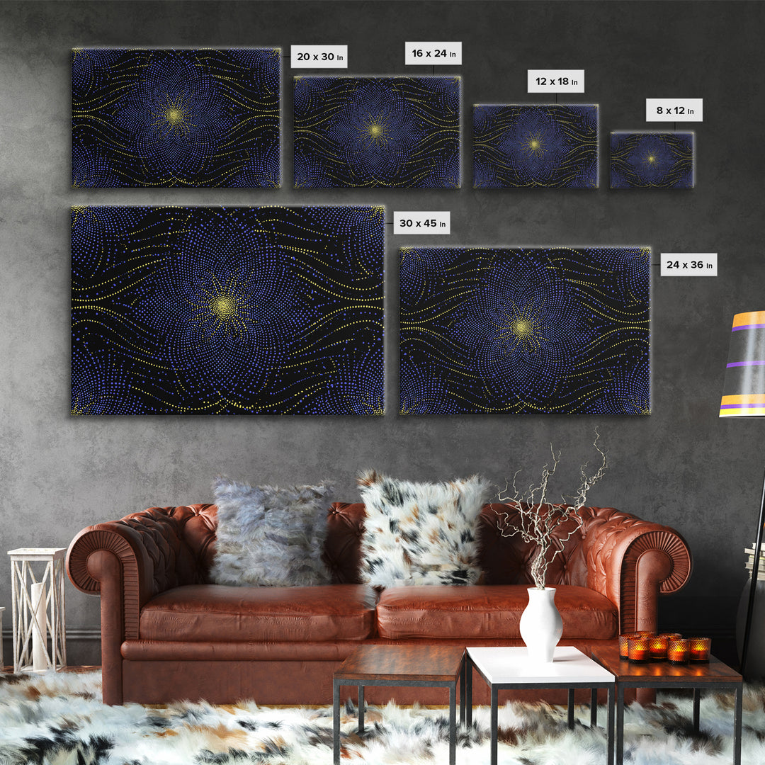 Blue Yellow Dotted Wave Canvas Print, Midcentury Modern Abstract Art, Optical Op Art Starburst, Cosmic Geometric Wall Decor