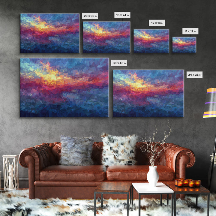 Low Poly Sunset Mountain Lake Wall Art, Colorful Geometric Art Print, Modern Home Decor, Living Room Framed Canvas Print
