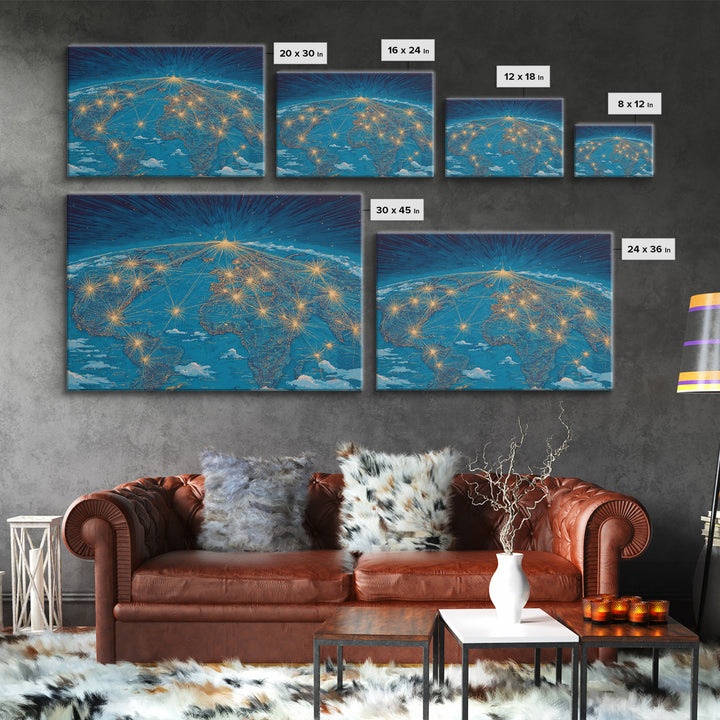 Earth From Space Network Lights Framed Canvas Print, Modern Wall Art, Midcentury Futuristic Travel Poster For Office Decor