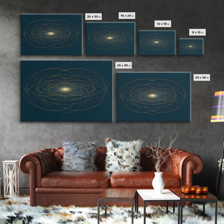 Golden Orbital Galaxy Mandala Framed Canvas Print, Midcentury Modern Abstract Art, Dark Teal Cosmic Geometric Wall Decor