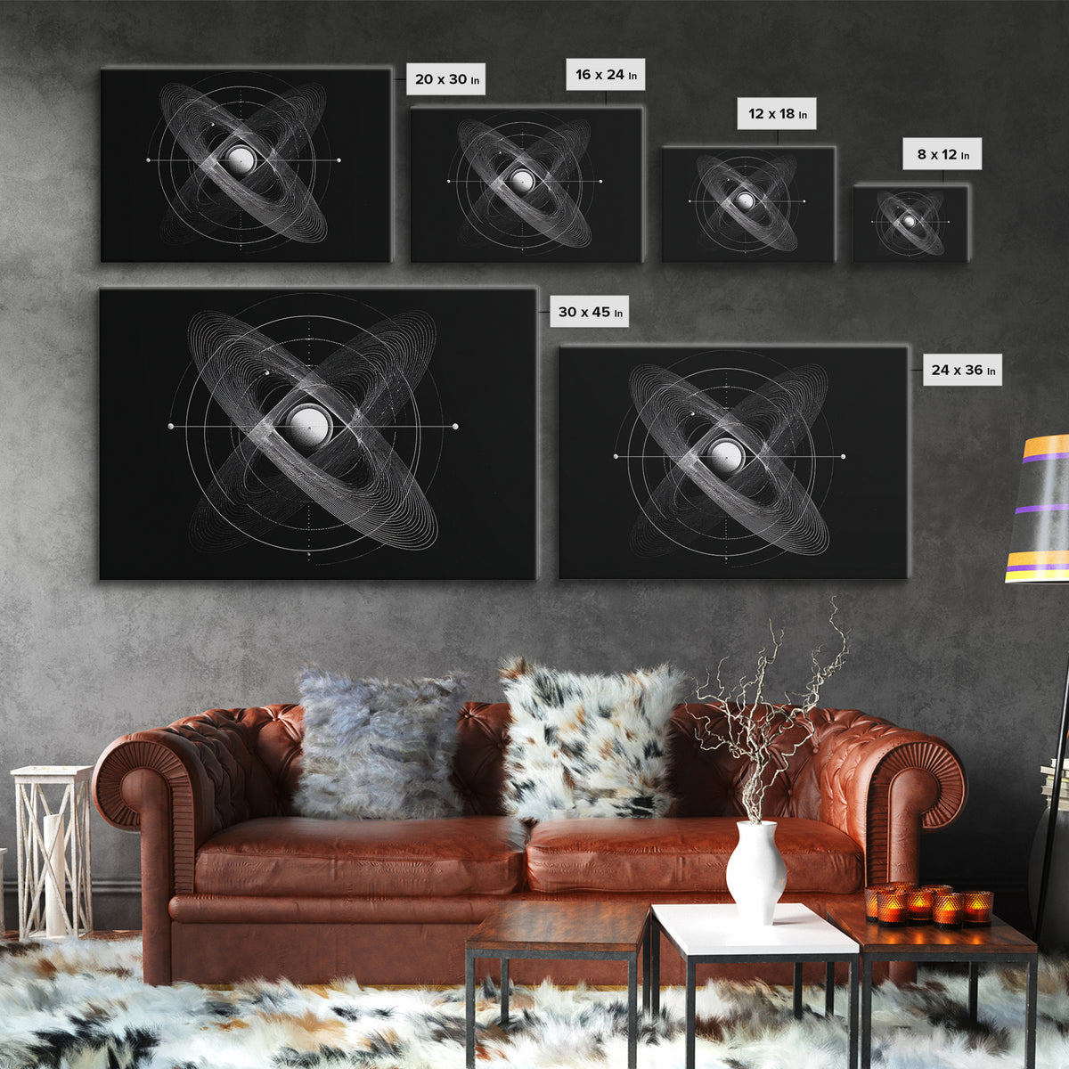 Atomic Sphere Orbit Canvas Print, Black And White Space Art, Geometric Wall Art, Modern Abstract Poster, Science Office Decor