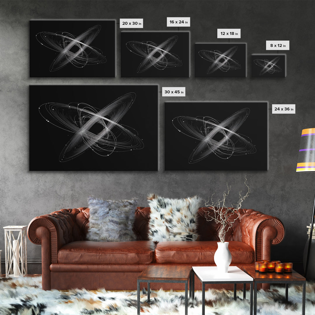 Tilted White Orbital Atom Wall Art, Minimalist Space Abstract Art Print, Modern Geometric Poster, Black Sci Fi Office Decor