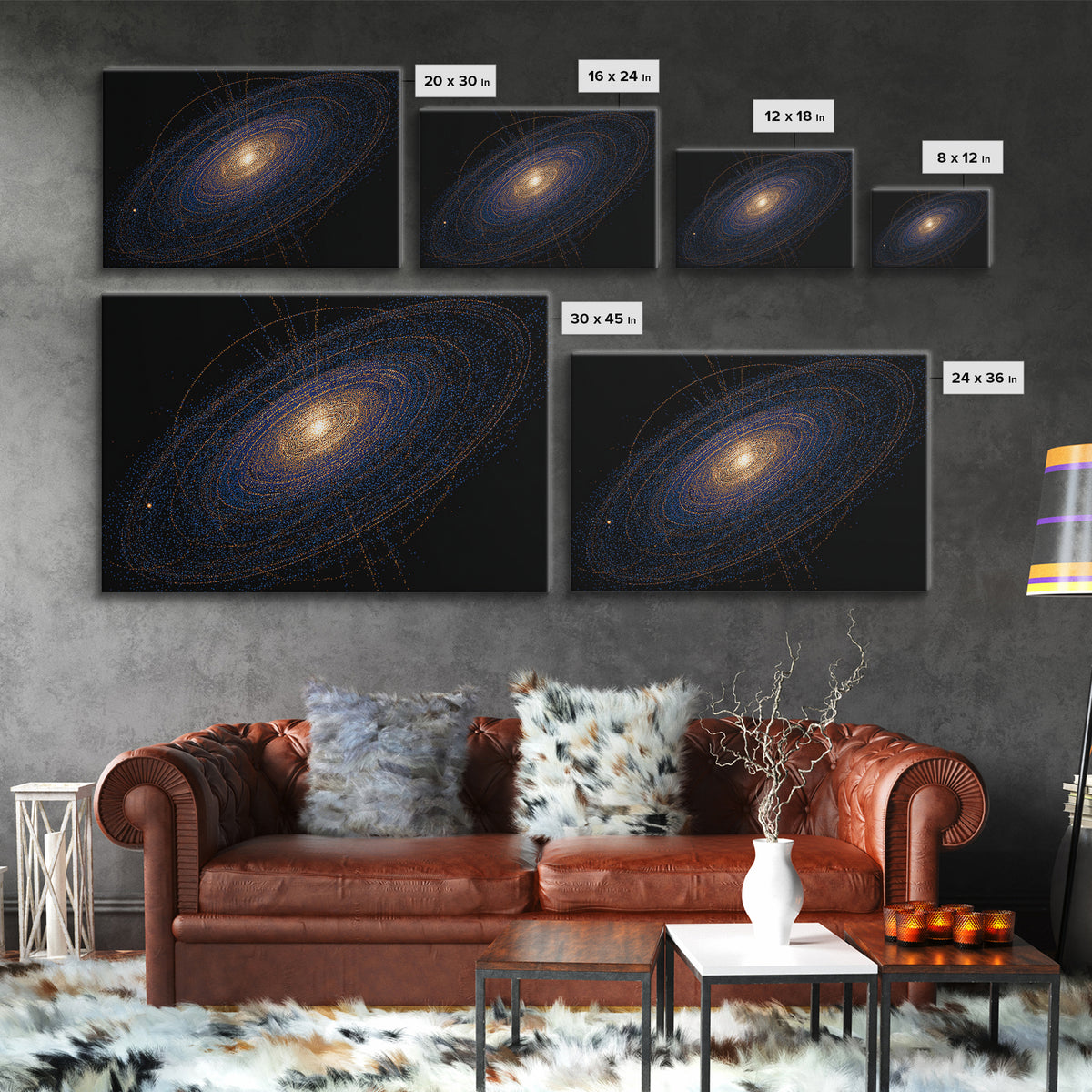 Blue Orange Spiral Galaxy Framed Canvas Print, Cosmic Space Abstract Art, Modern Wall Art, Digital Science Poster, Office Decor