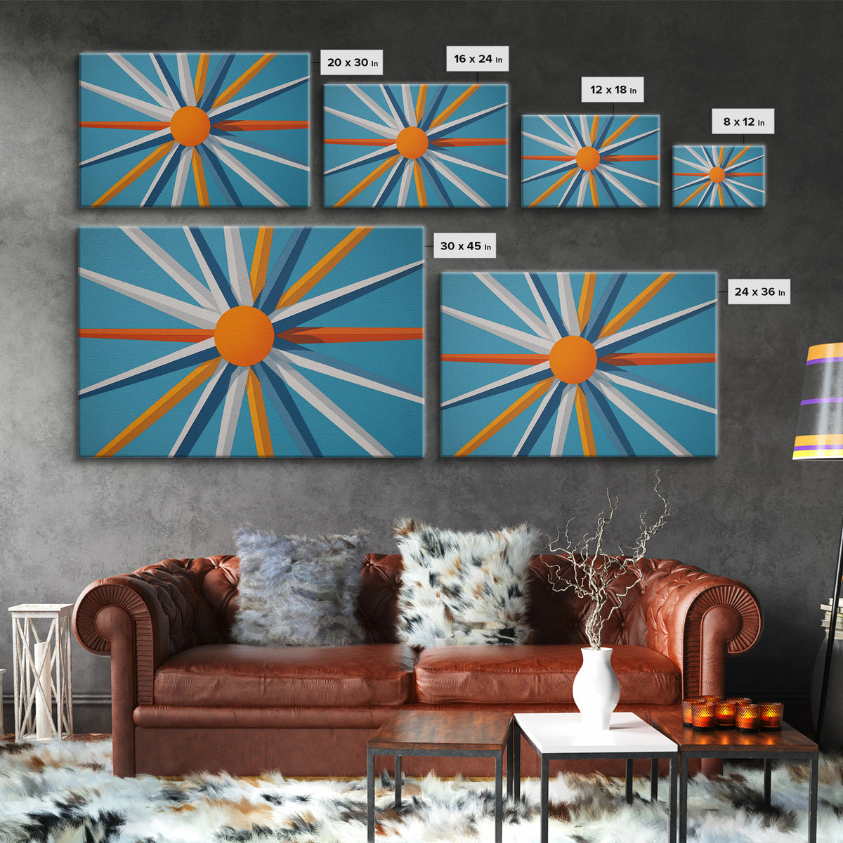 Orange Sunburst Geometric Wall Art, Midcentury Modern Art Print, Blue Teal Atomic Poster, Retro Modern Living Room Decor