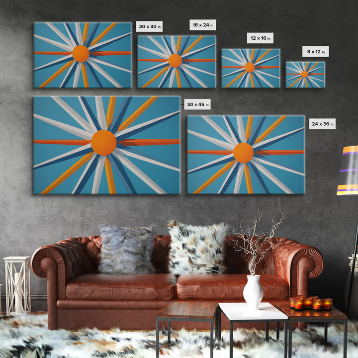 Orange Sunburst Geometric Wall Art, Midcentury Modern Art Print, Blue Teal Atomic Poster, Retro Modern Living Room Decor