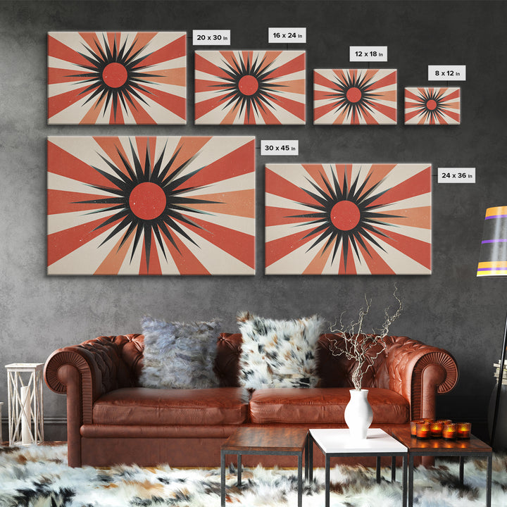 Red Black Retro Sunburst Wall Art, Midcentury Atomic Art Print, Orange Cream Geometric Poster, 60s Modern Living Room Wall Decor