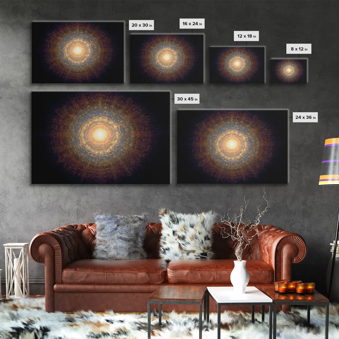 Golden Cosmic Mandala Framed Canvas Print, Abstract Spiritual Art, Modern Wall Art, Radiant Space Poster, Meditation Decor
