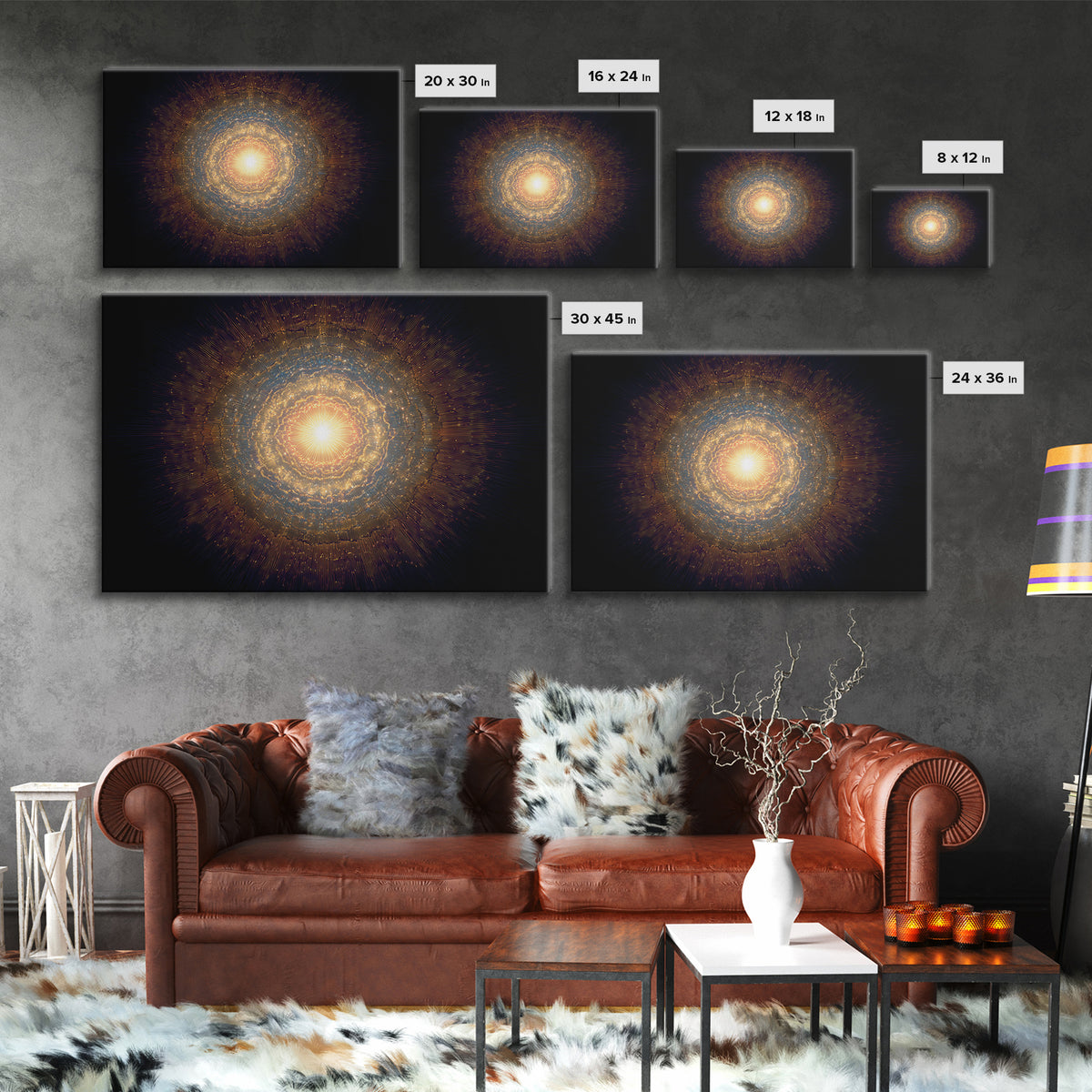 Golden Cosmic Mandala Framed Canvas Print, Abstract Spiritual Art, Modern Wall Art, Radiant Space Poster, Meditation Decor